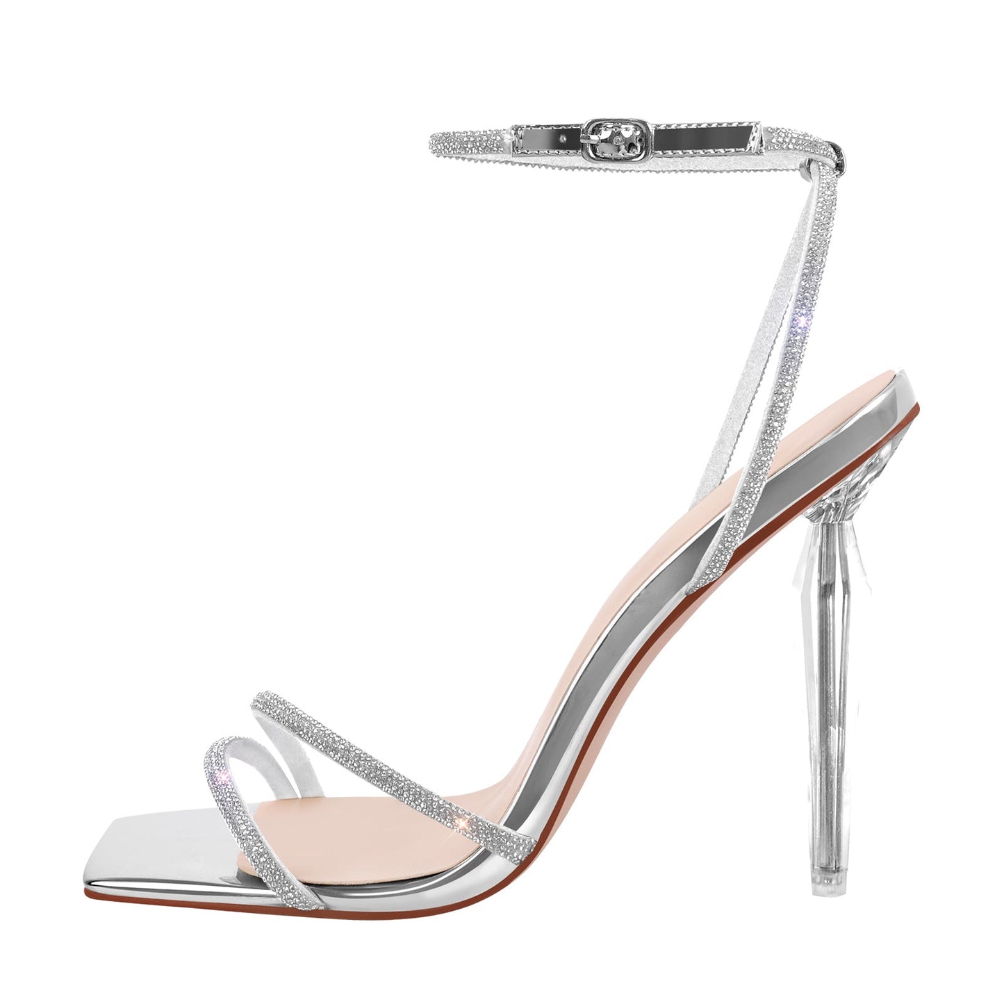 Rhinestone Square Toe Ankle Strap Clear Heel Sandals