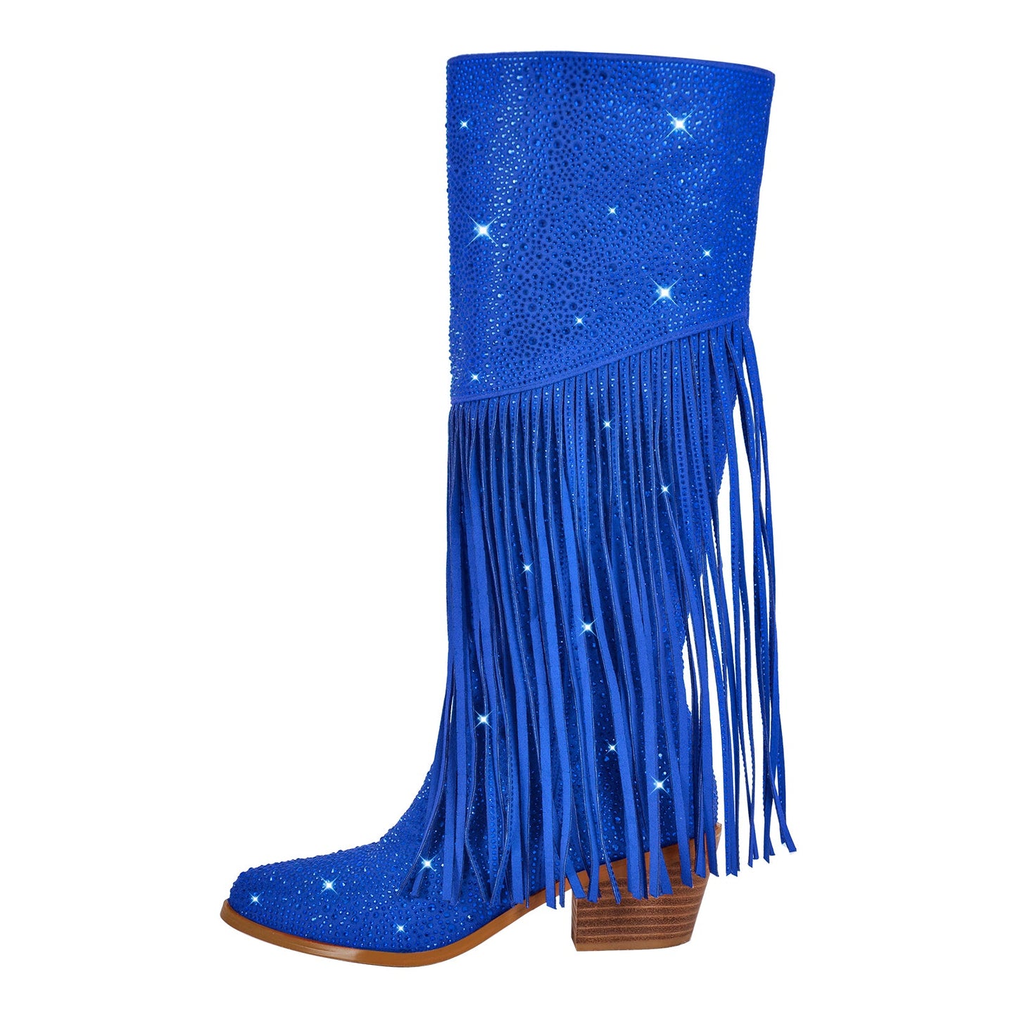 Chunky Heel Rhinestone Tassel Knee High Boots