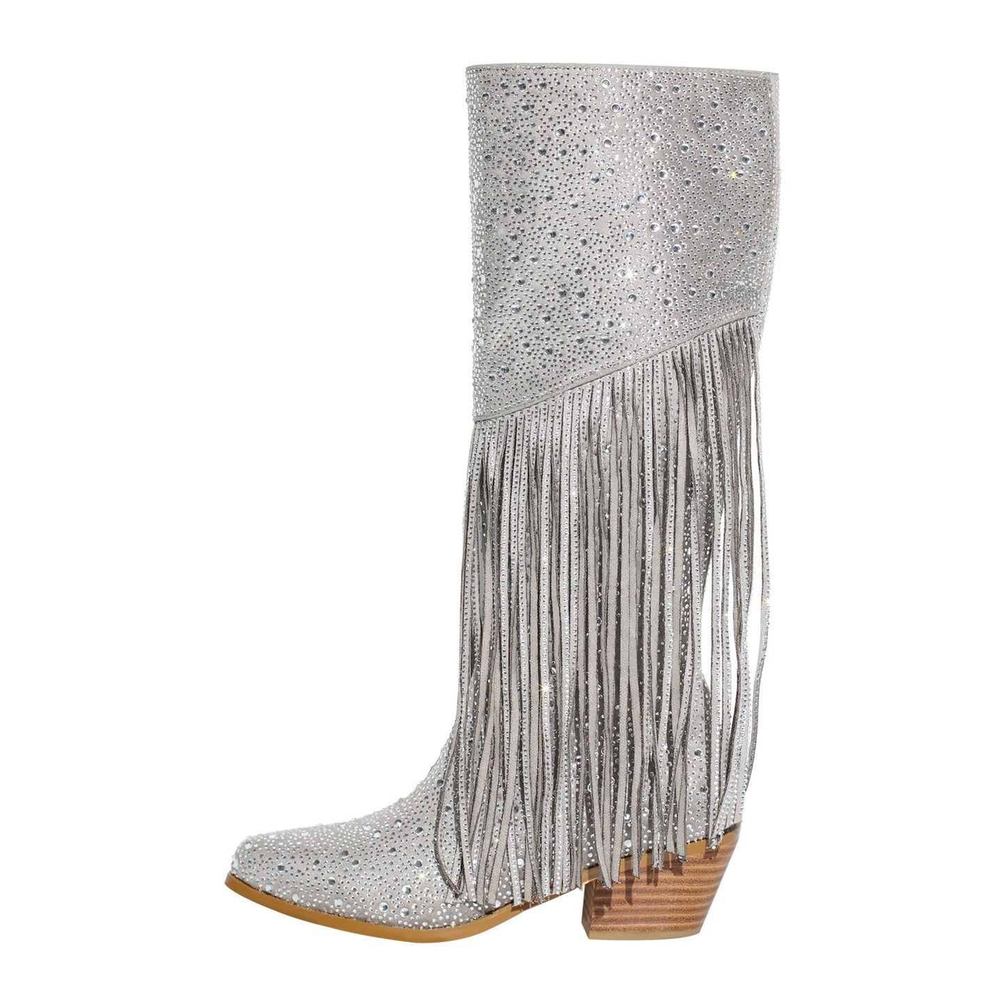 Chunky Heel Rhinestone Tassel Knee High Boots