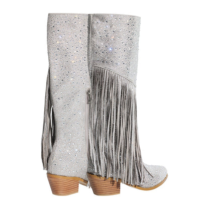 Chunky Heel Rhinestone Tassel Knee High Boots