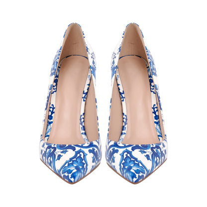 Blue and White Pattern Pointed Toe Pumps