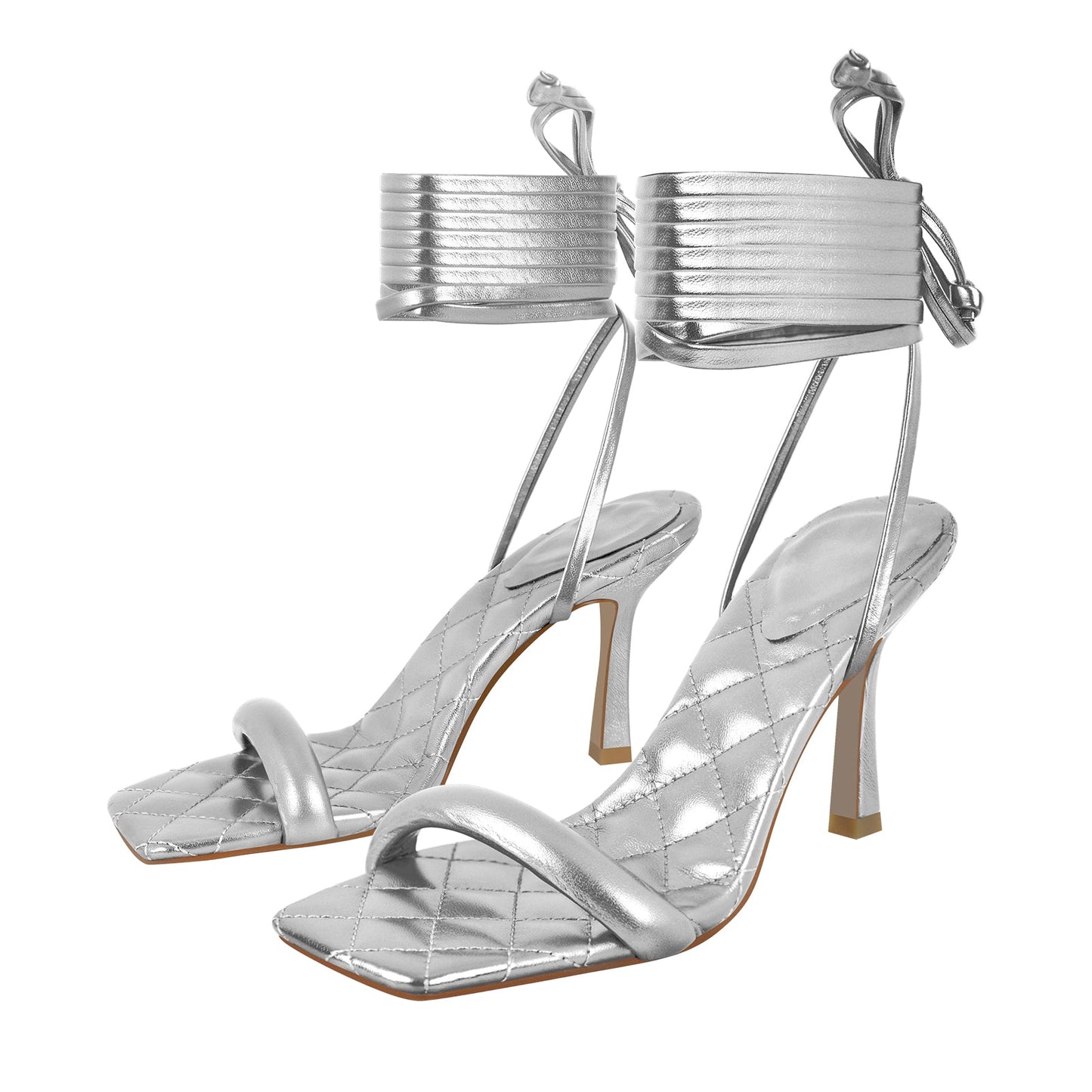 Metallic Leather Square Toe High Heels Sandals