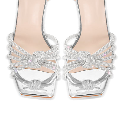 Square Toe Rhinestone Strap Clear Heel Sandals