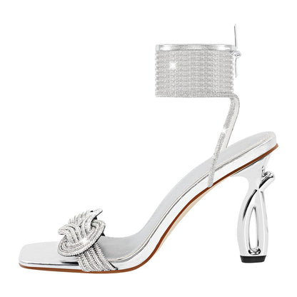 Rhinestone Square Toe Ankle Strap Silver Sandals