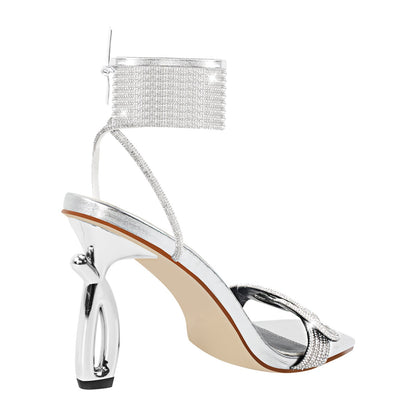 Rhinestone Square Toe Ankle Strap Silver Sandals