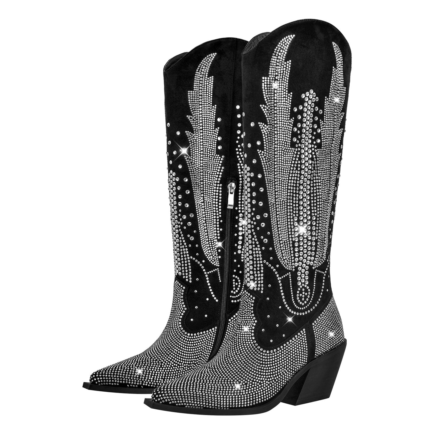 Rhinestone Zipper Black Western Boots