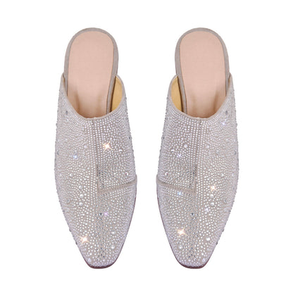 Rhinestone Pointed Toe Chunky Heel Mules