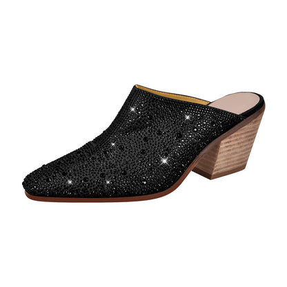 Rhinestone Pointed Toe Chunky Heel Mules