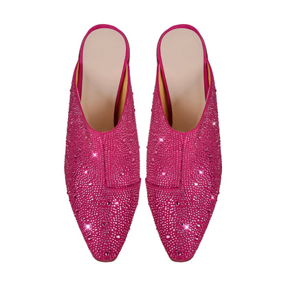 Rhinestone Pointed Toe Chunky Heel Mules