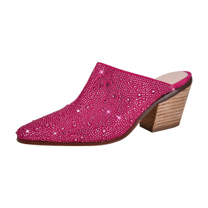 Rhinestone Pointed Toe Chunky Heel Mules