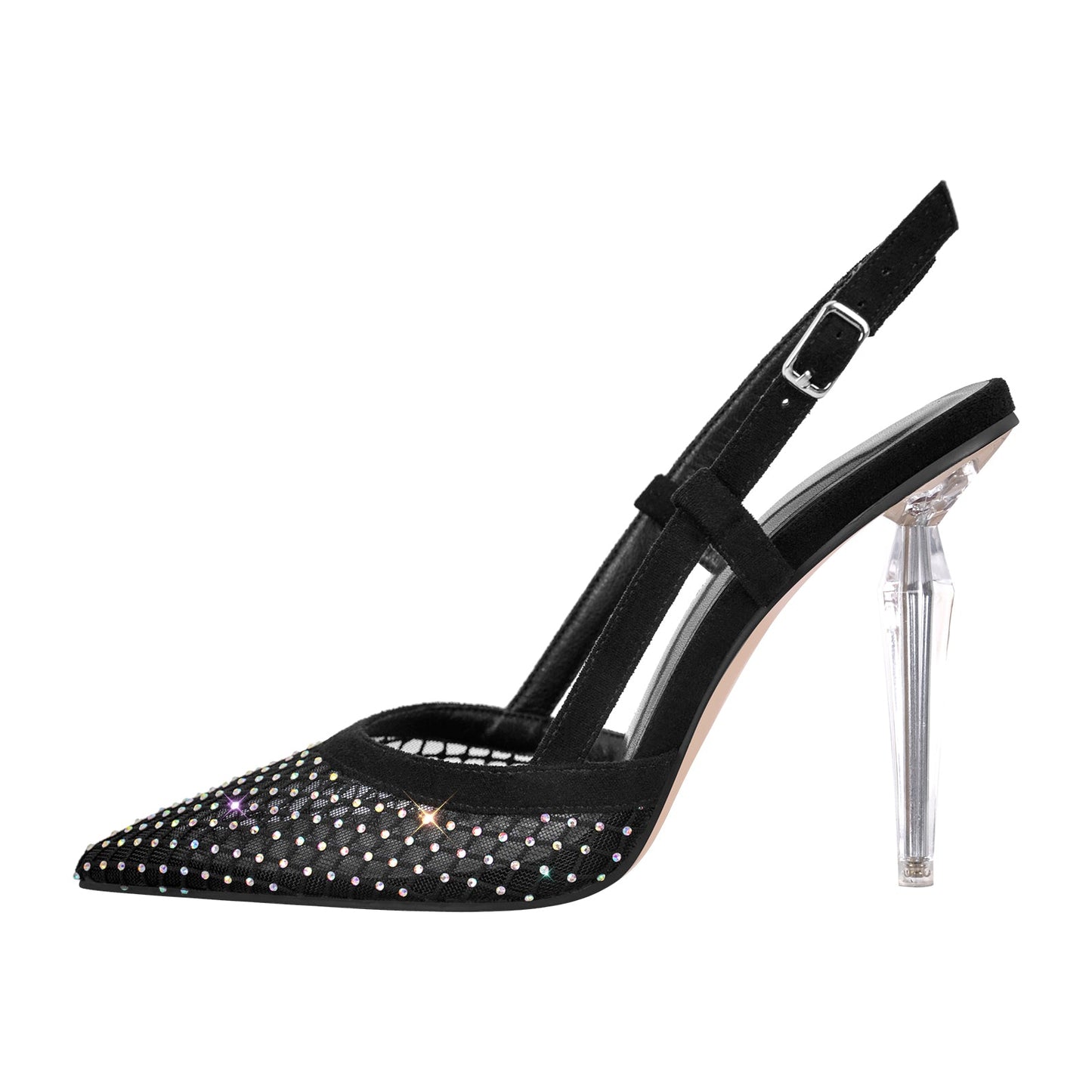 Pointed Toe Rhinestone Slingback Clear Heel Pumps