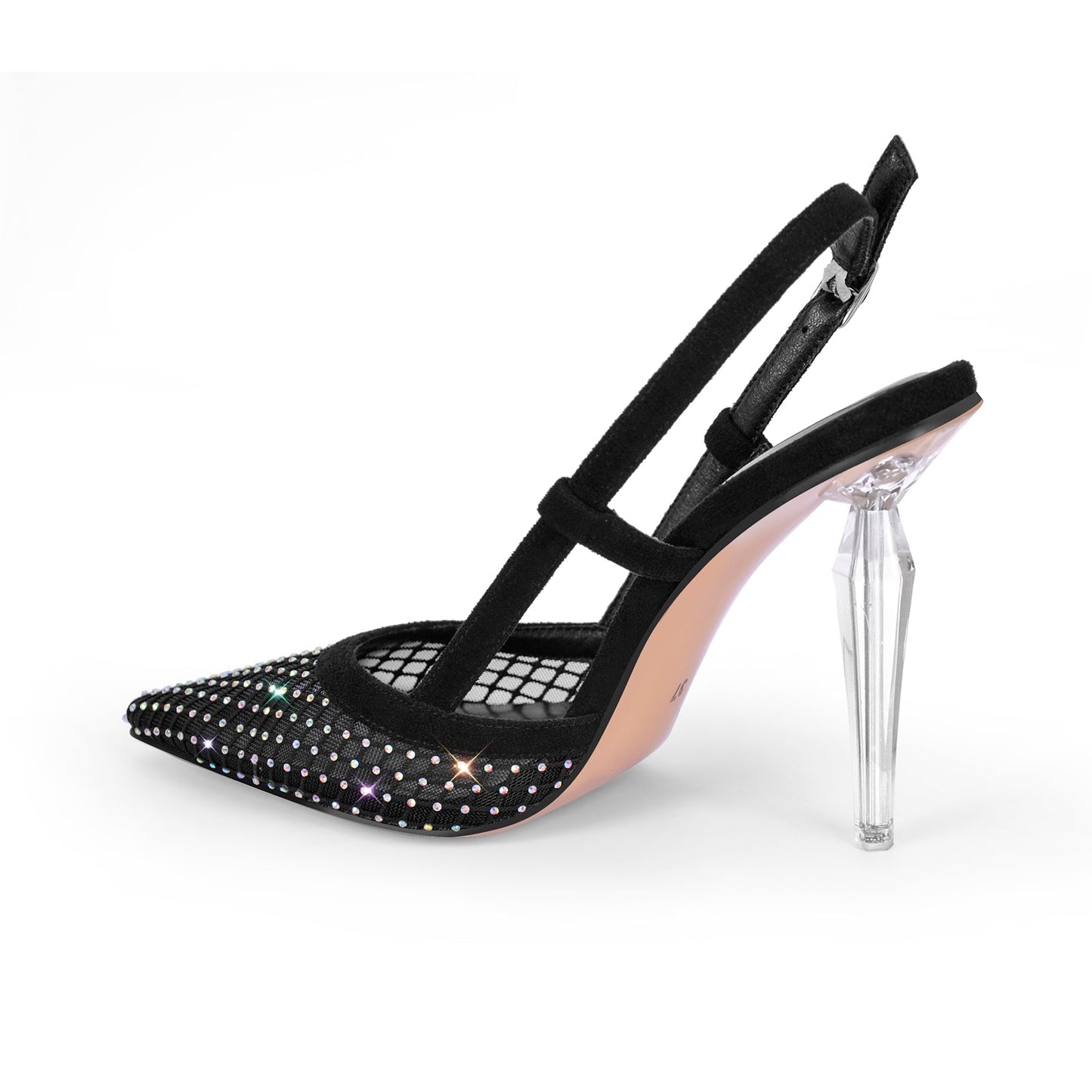 Pointed Toe Rhinestone Slingback Clear Heel Pumps