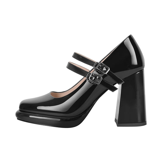 Square Toe Mary Jane Buckle Strap Chunky Heel Pumps