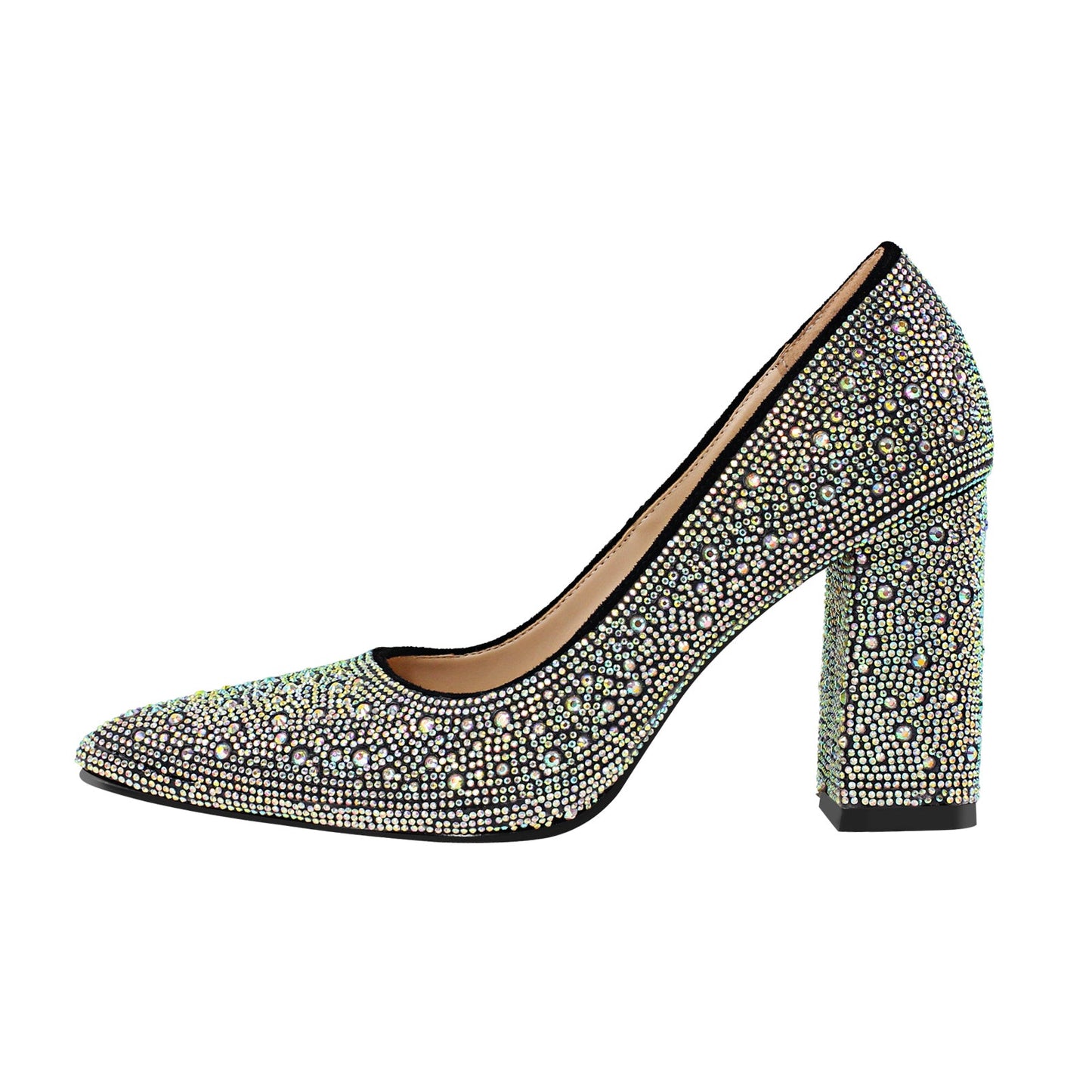 Rhinestone Pointed Toe Chunky Heel Pumps