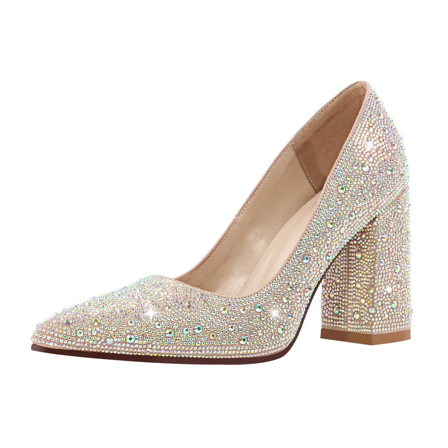 Rhinestone Pointed Toe Chunky Heel Pumps