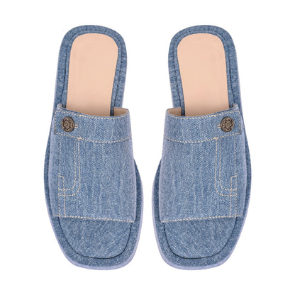 Chic Denim Diva Flats: Blue Platform Slippers for Sissy Boys