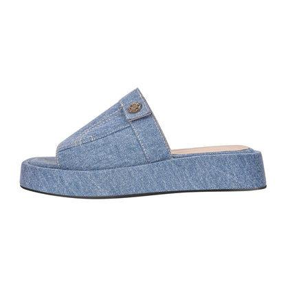 Chic Denim Diva Flats: Blue Platform Slippers for Sissy Boys