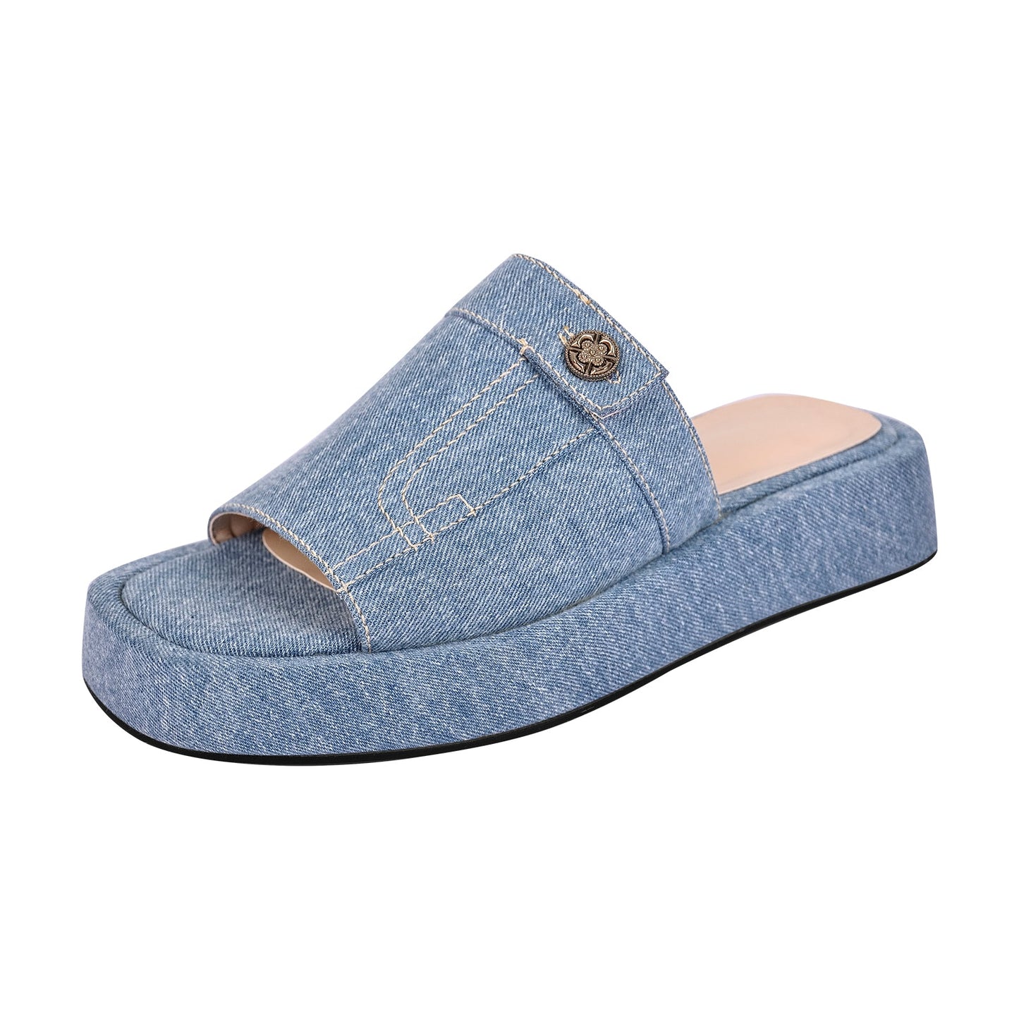 Chic Denim Diva Flats: Blue Platform Slippers for Sissy Boys