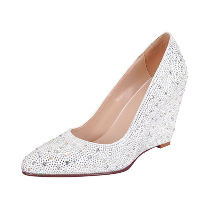 Rhinestone Pointed Toe Wedge Heel Pumps