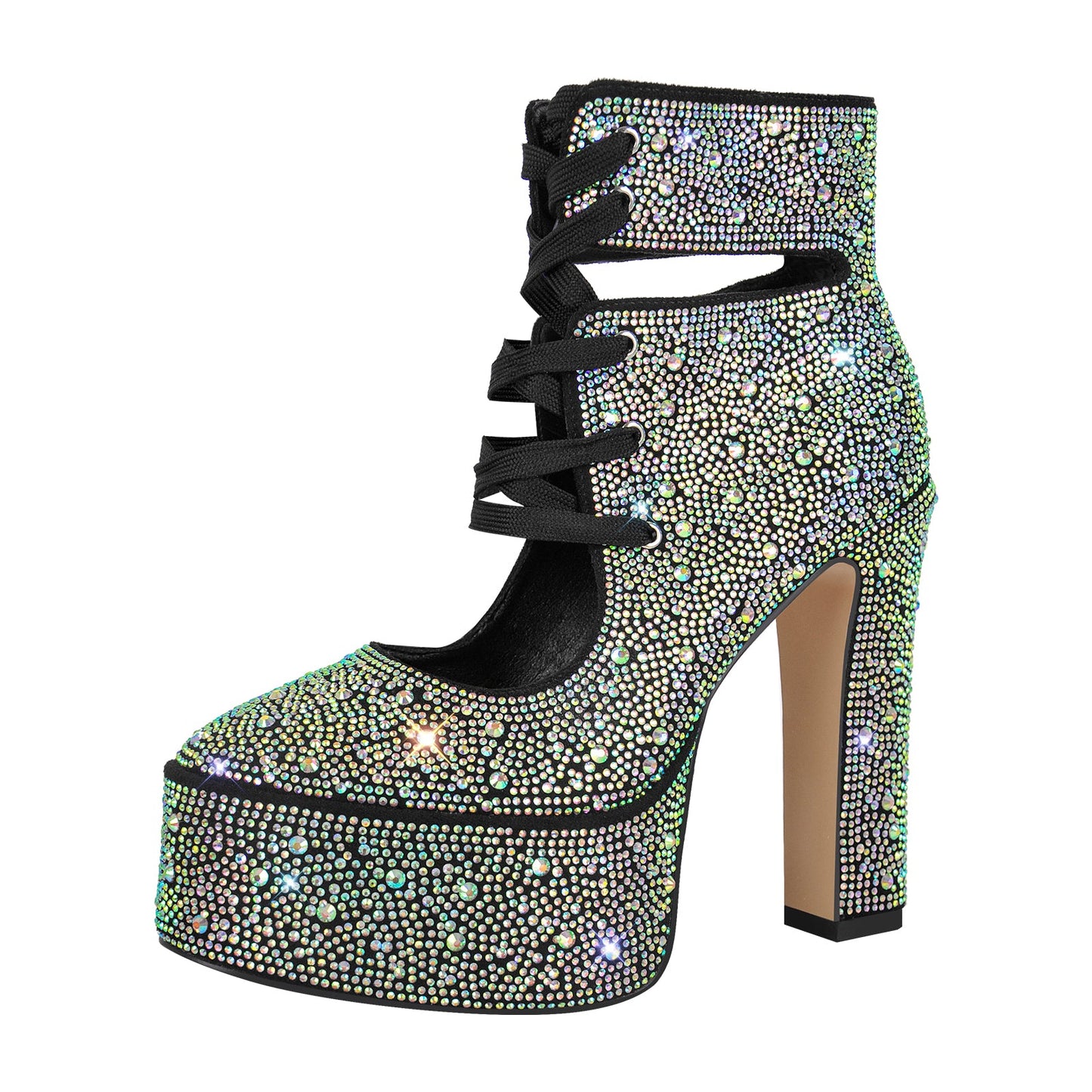 Platform Rhinestone Lace-up High Heel Ankle Boots