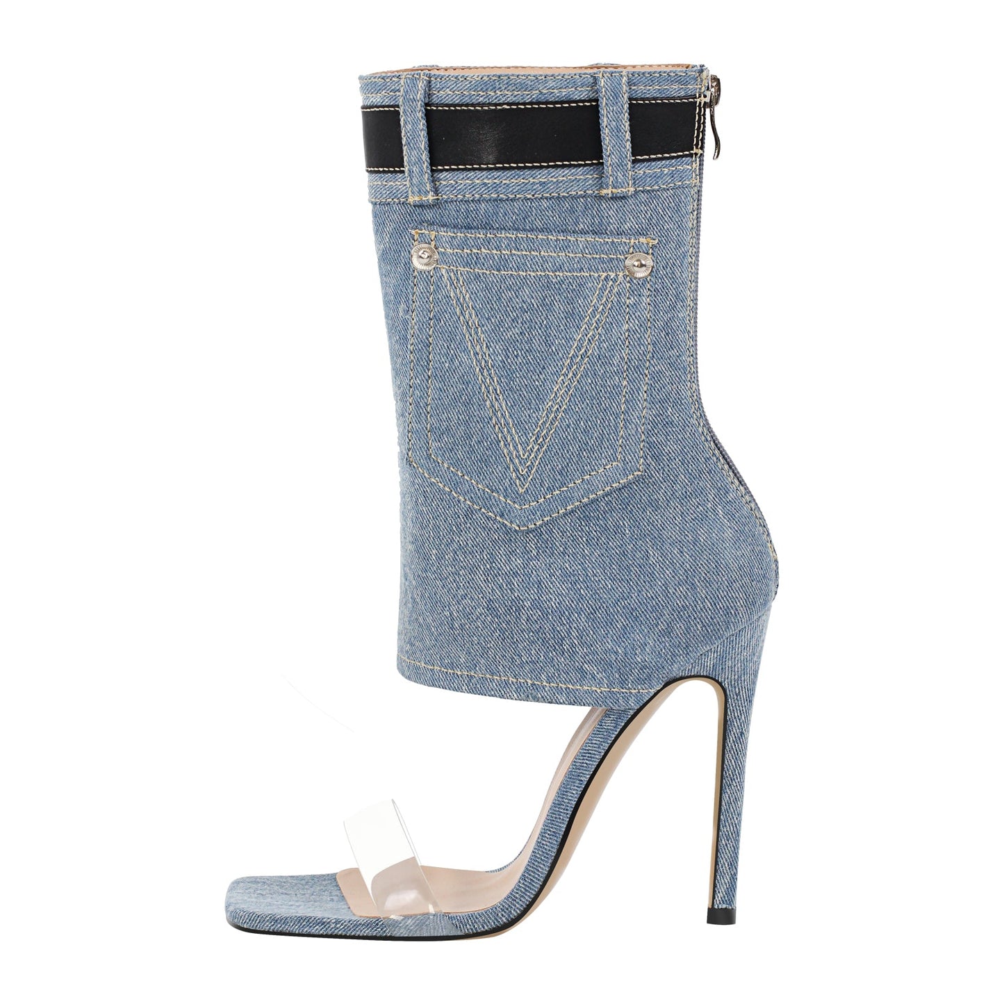 Denim Square Toe Stiletto Ankle Sandals