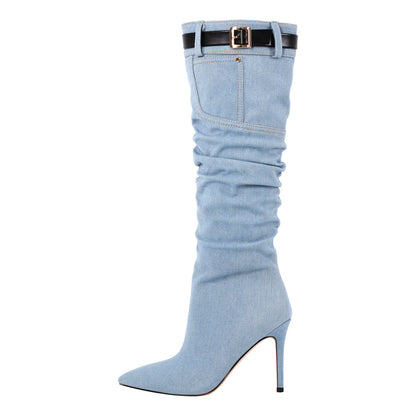 Denim Pointed Toe Stiletto Thigh Boots