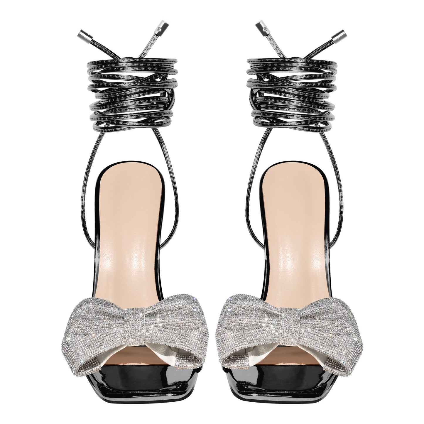 Rhinestone Square Toe Stiletto Ankle Strap Sandals