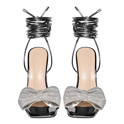 Rhinestone Square Toe Stiletto Ankle Strap Sandals