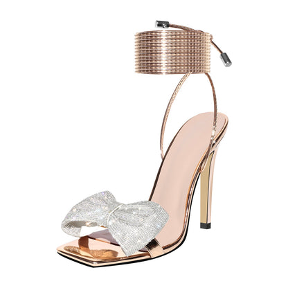 Rhinestone Square Toe Stiletto Ankle Strap Sandals