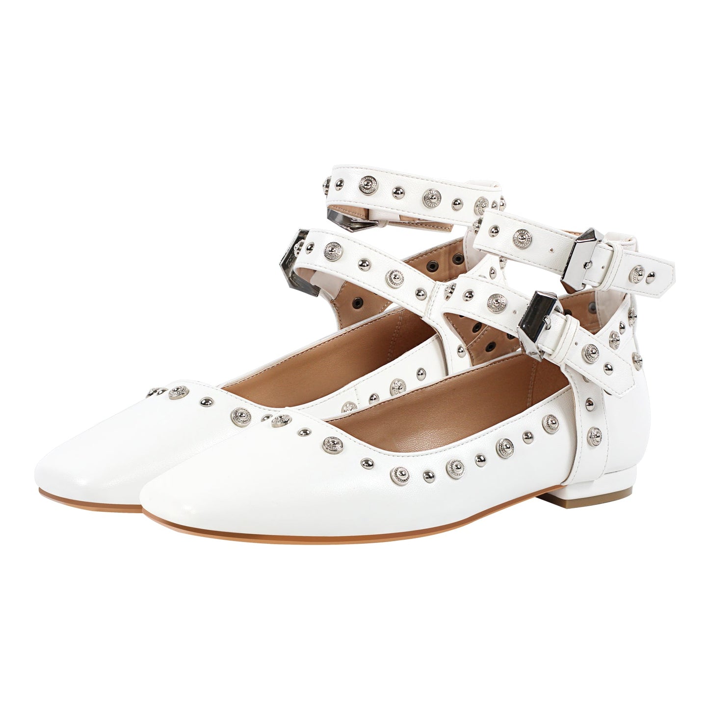 Rivet Square Toe Buckle Ankle Strap Flats