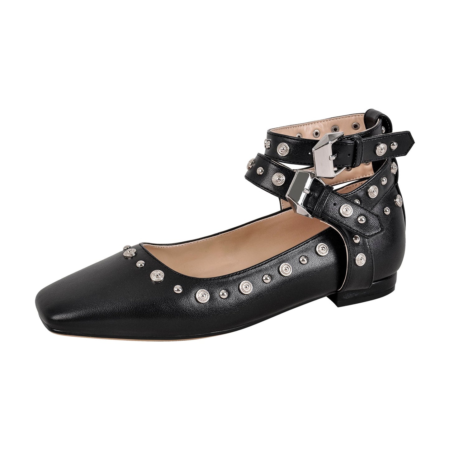 Rivet Square Toe Buckle Ankle Strap Flats