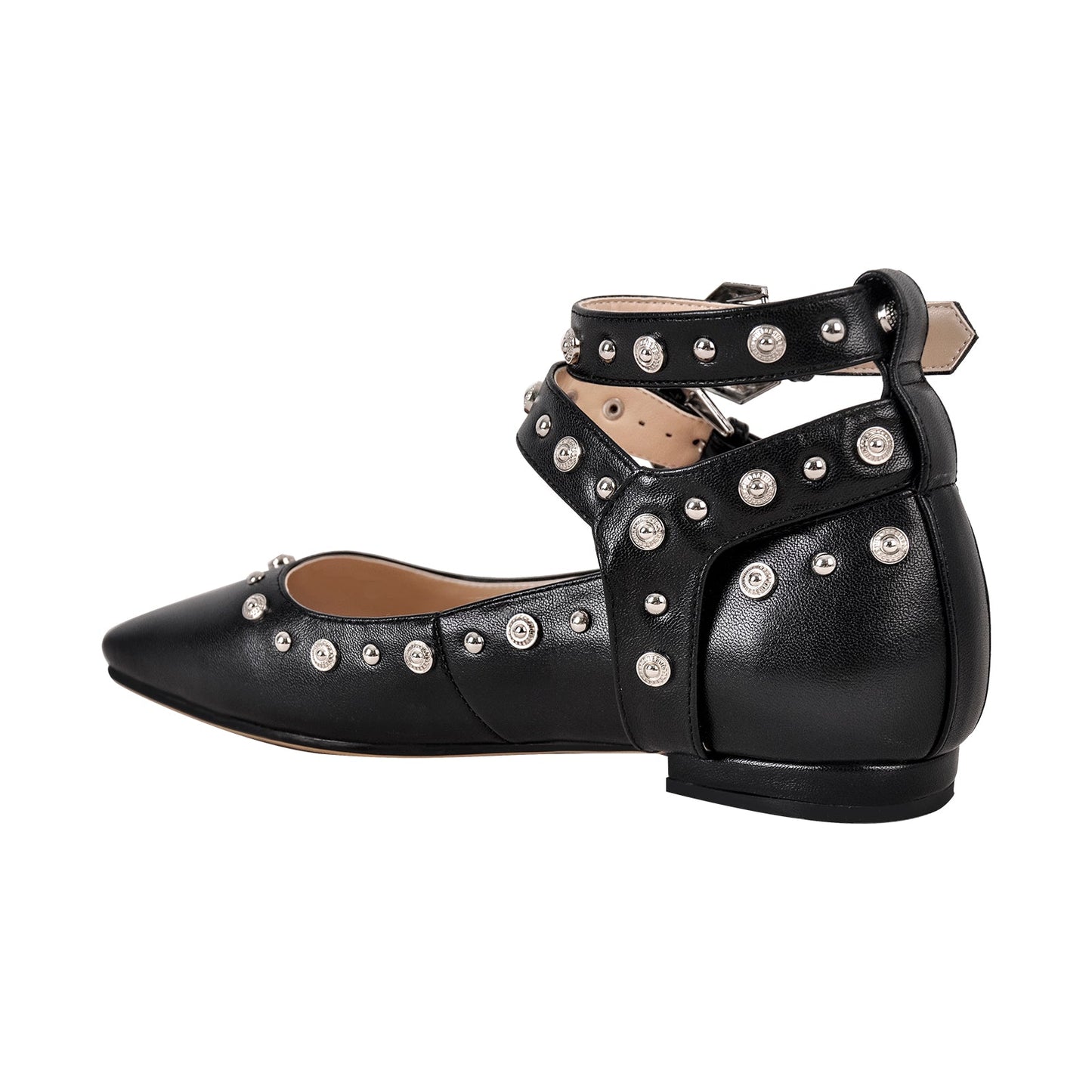 Rivet Square Toe Buckle Ankle Strap Flats