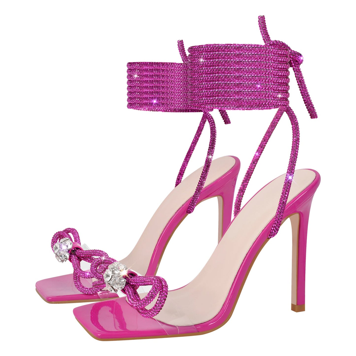 Square Toe Rhinestone Lace-up Stiletto Sandals