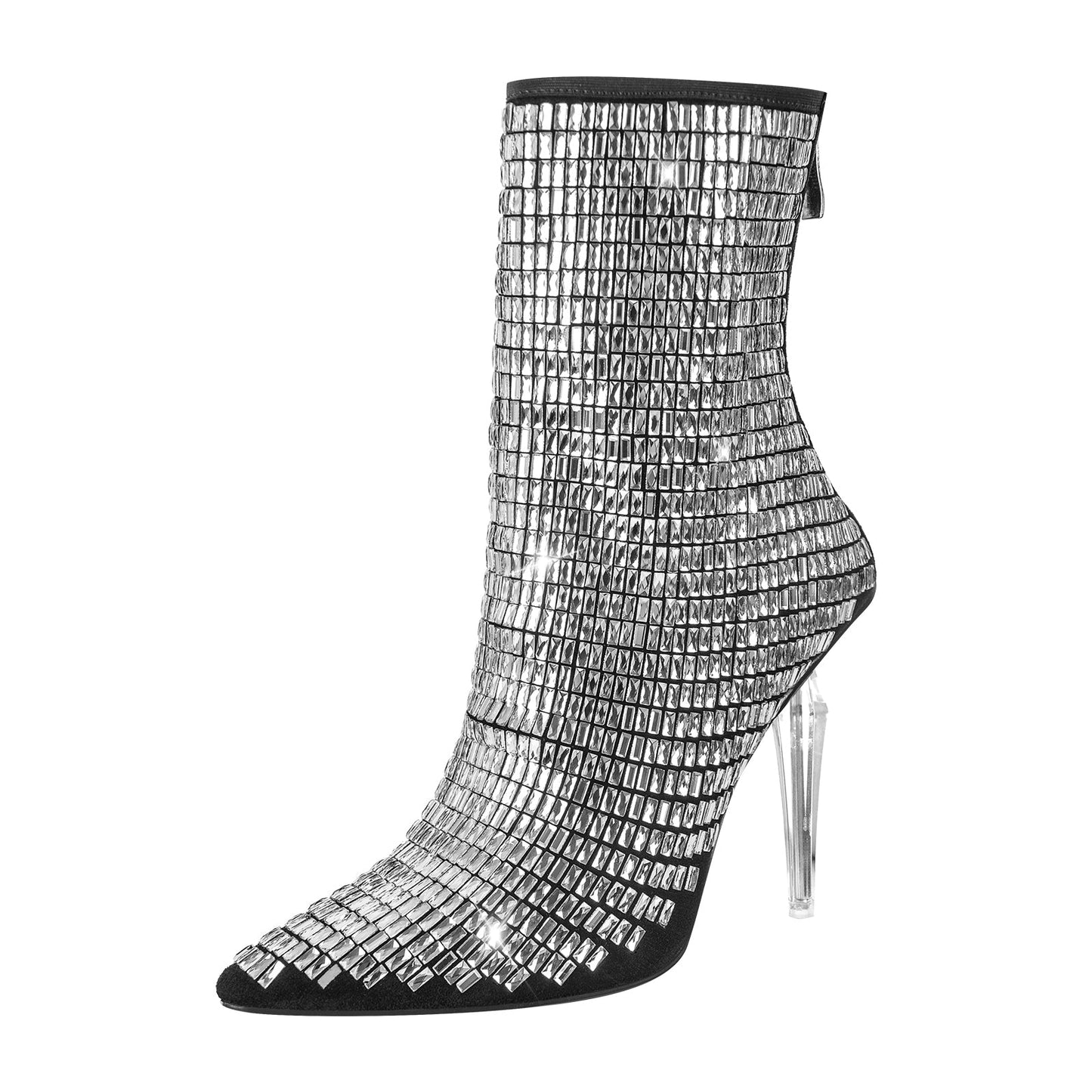 Rhinestone Pointed Toe Stiletto Clear Heel Ankle Boots