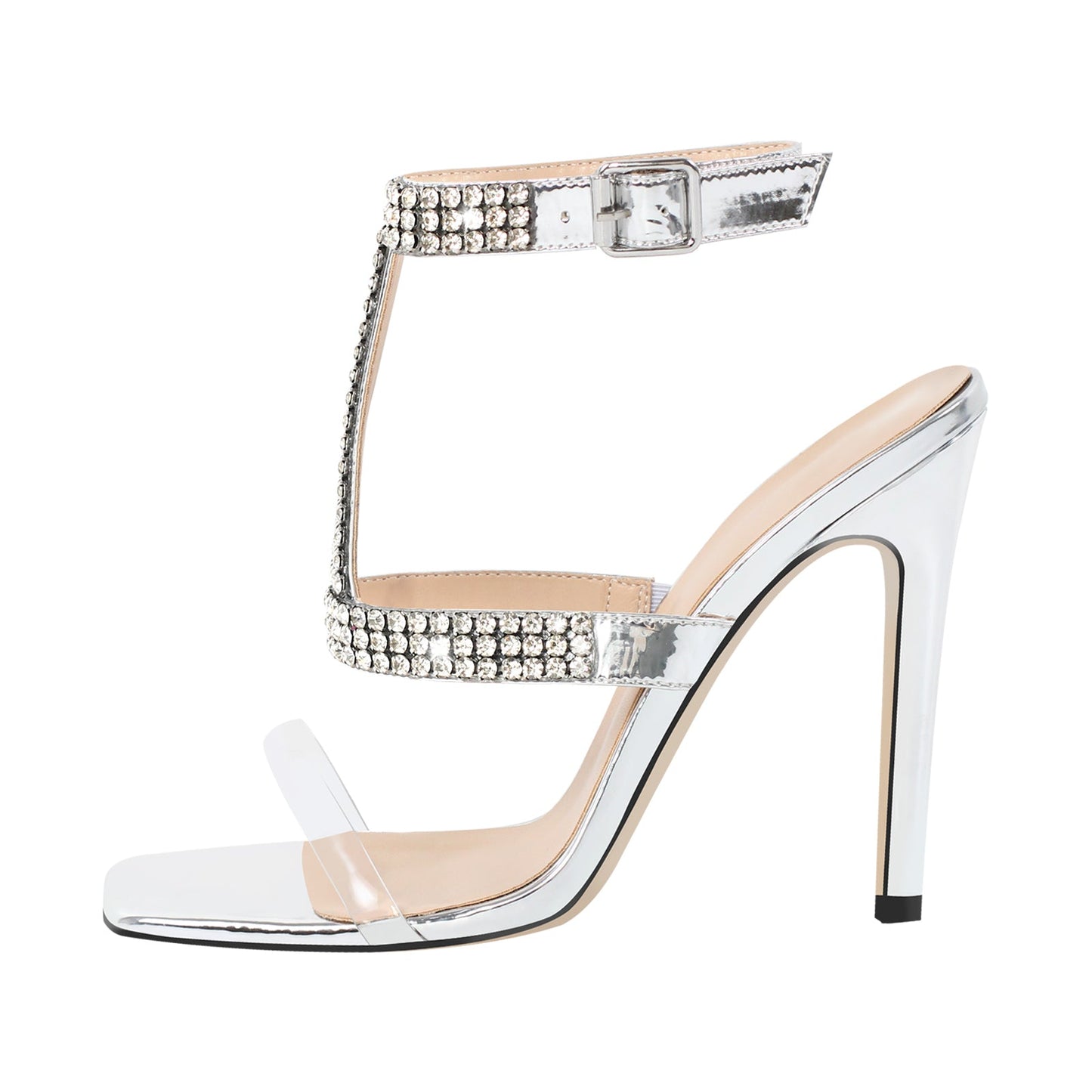 Square Toe Rhinestone T-Strap Stiletto Sandals