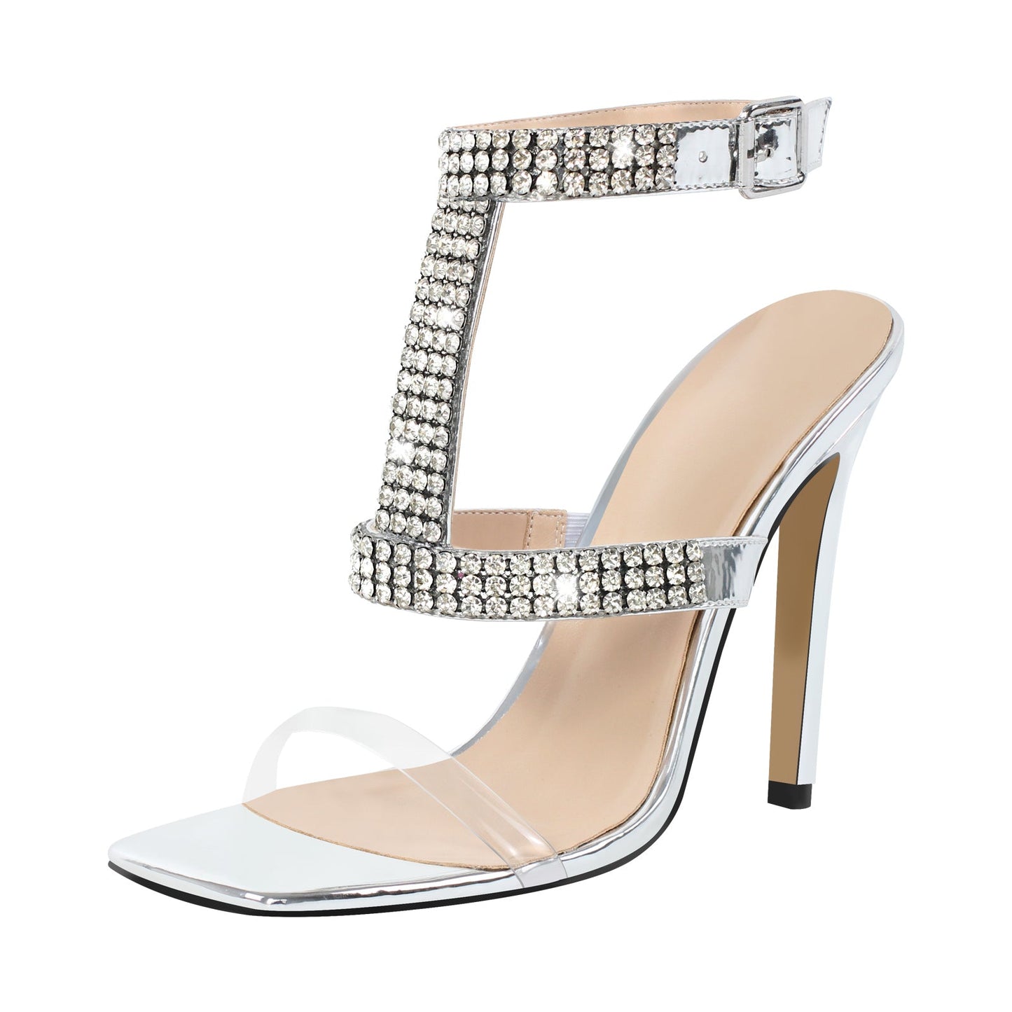 Square Toe Rhinestone T-Strap Stiletto Sandals