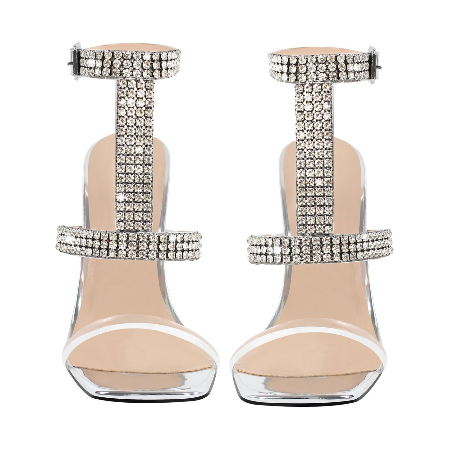 Square Toe Rhinestone T-Strap Stiletto Sandals