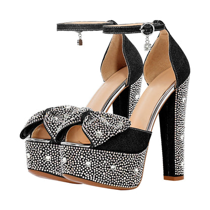 Rhinestone Bow Peep Toe High Heel Sandals