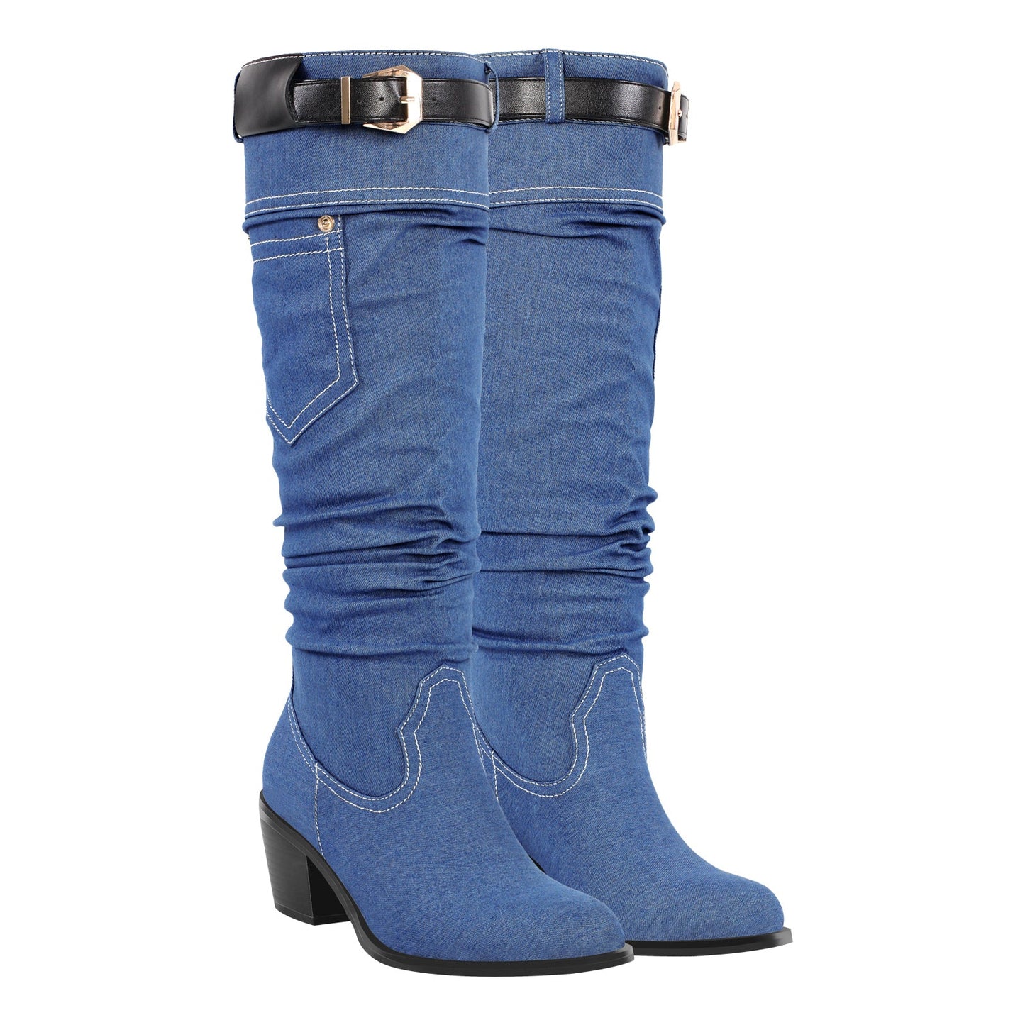 Denim Round Toe Chunky Heel Thigh Boots