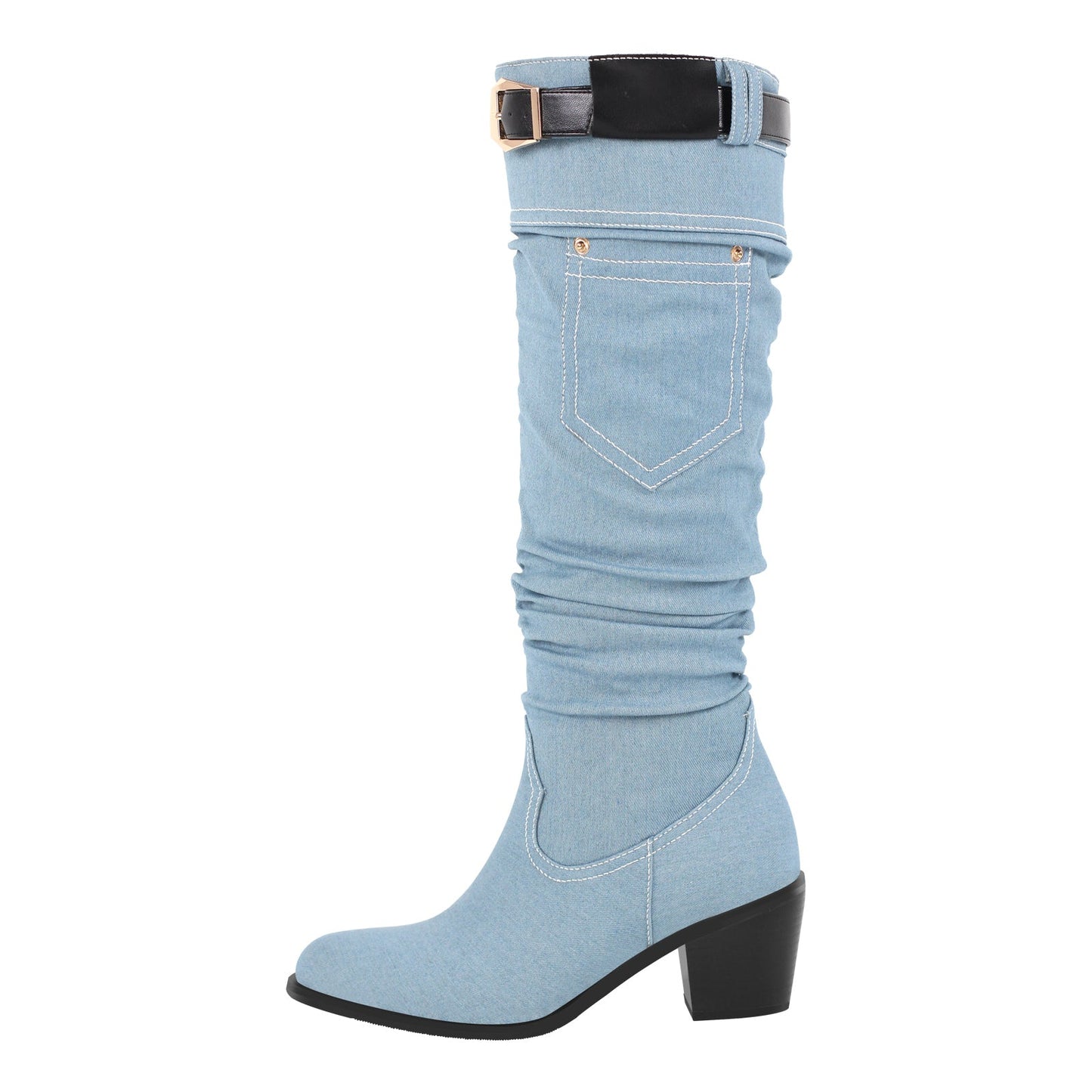 Denim Round Toe Chunky Heel Thigh Boots