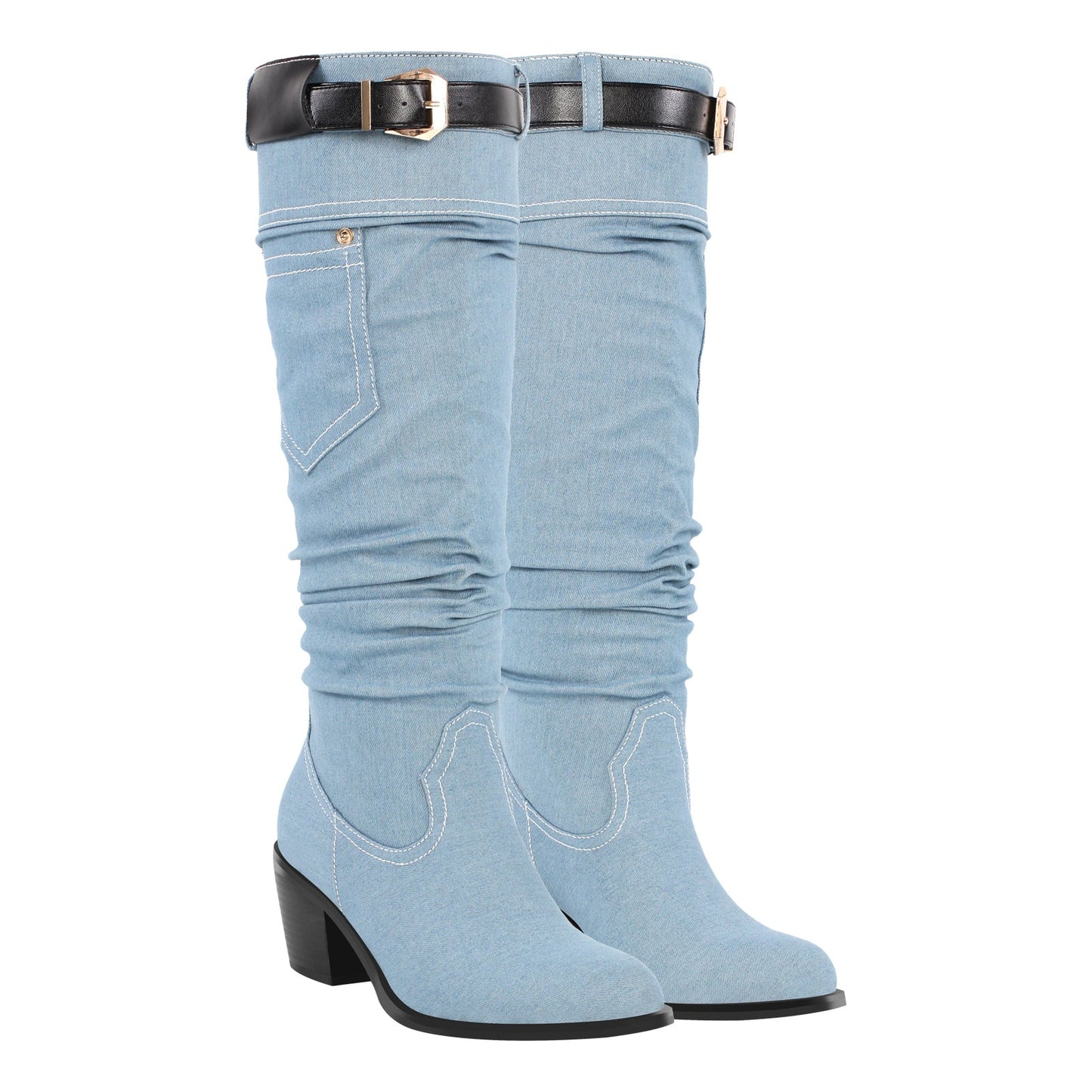 Denim Round Toe Chunky Heel Thigh Boots