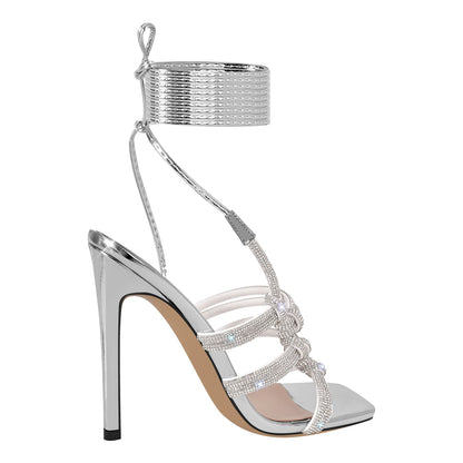 Rhinestone Square Toe Stiletto Ankle Strap Sandals