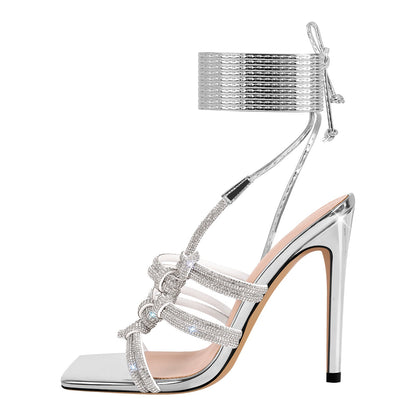 Rhinestone Square Toe Stiletto Ankle Strap Sandals