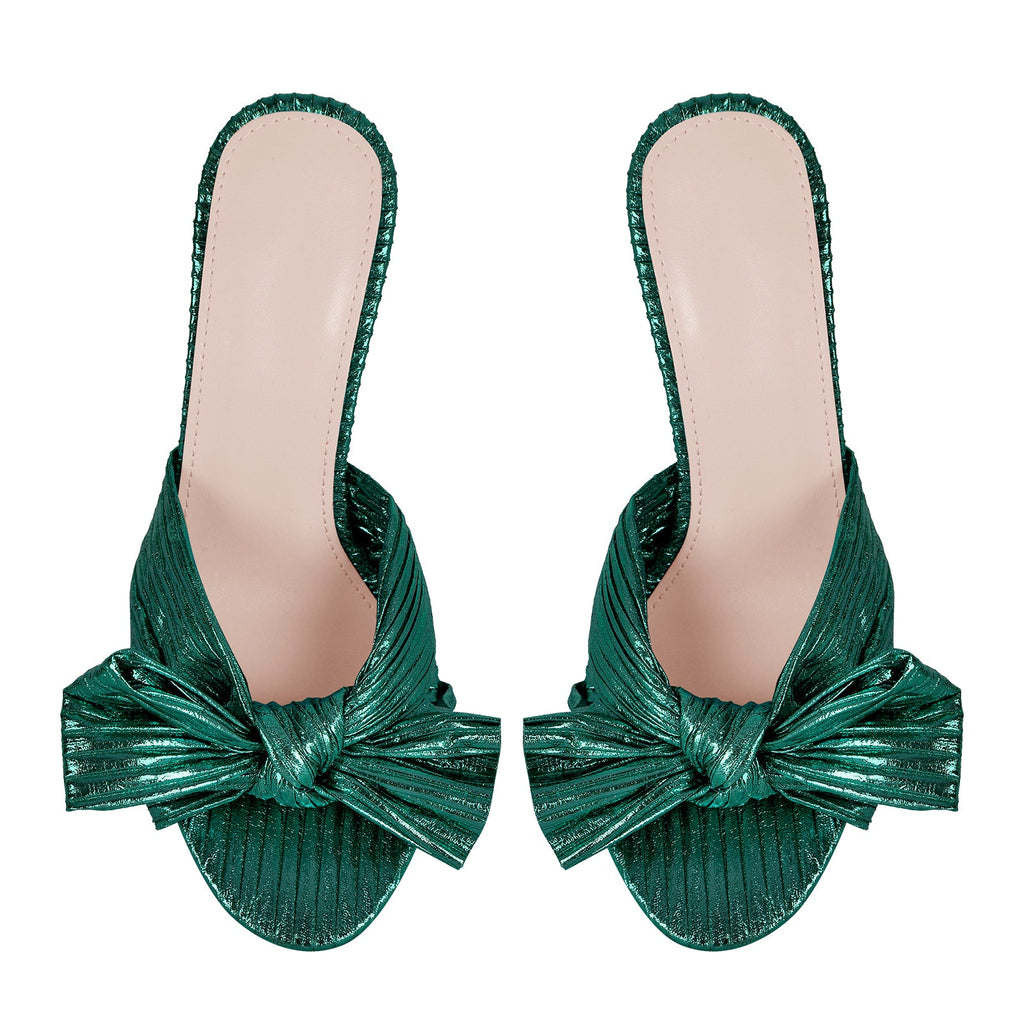 Round Toe Chunky Heel Bow Sandals Mules