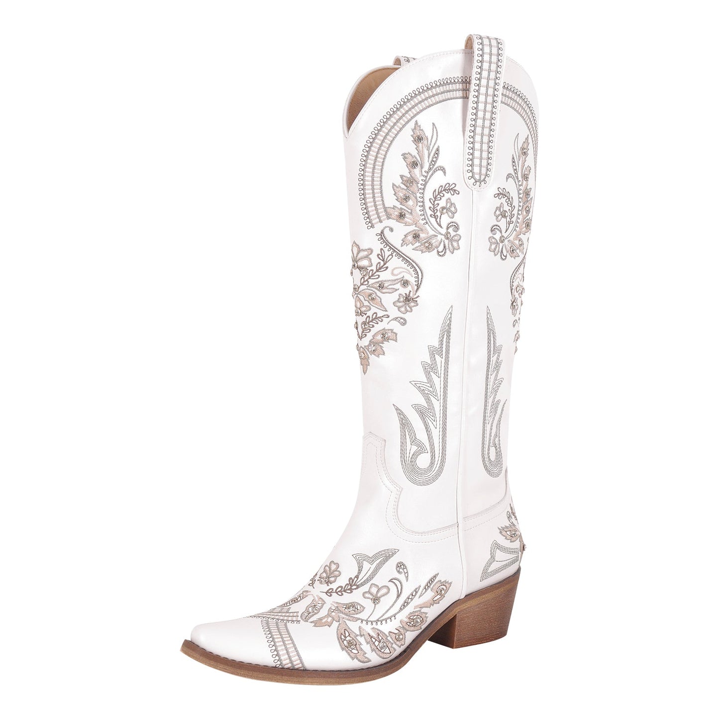 Embroidery Rhinestone Chunky Heel Knee High Boots