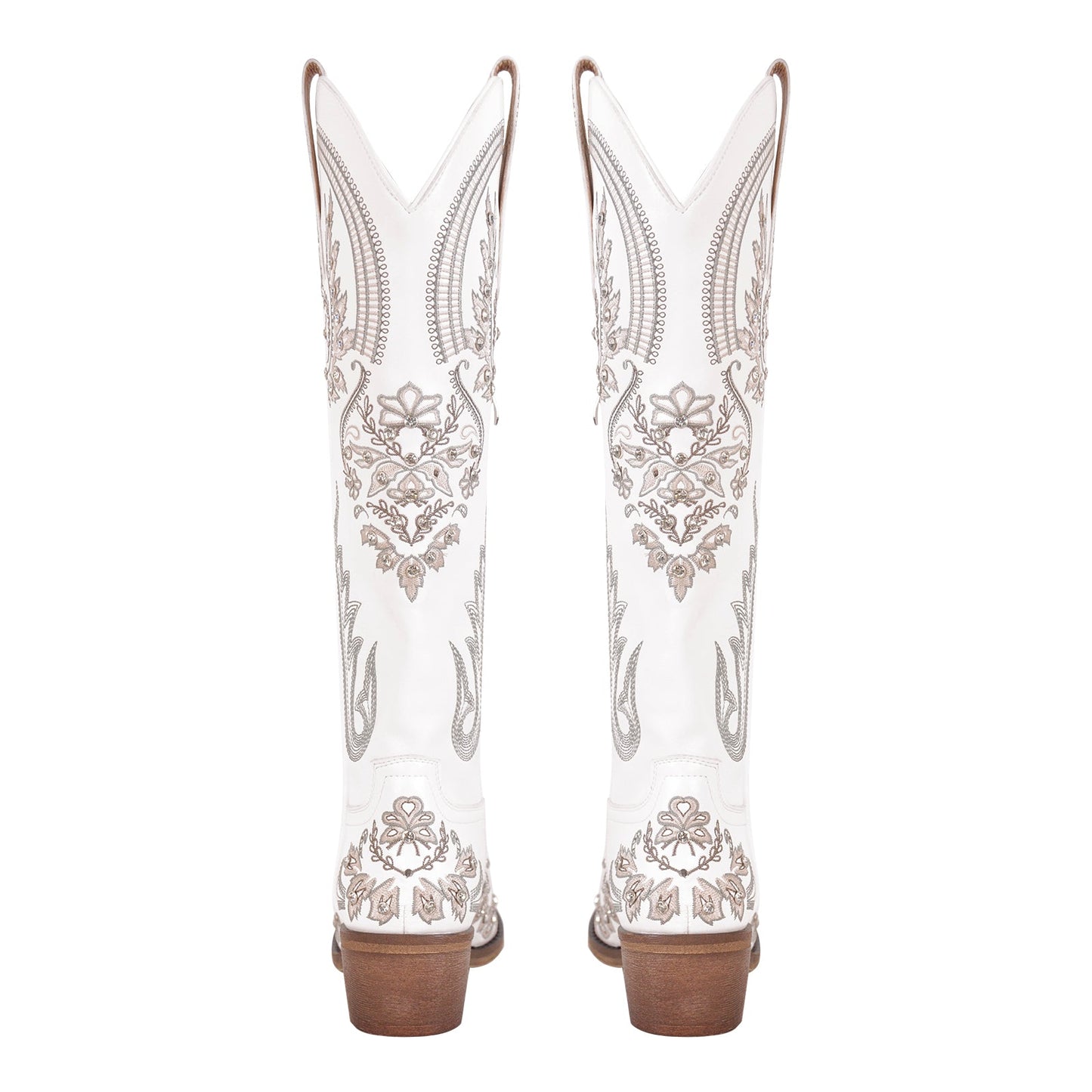 Embroidery Rhinestone Chunky Heel Knee High Boots