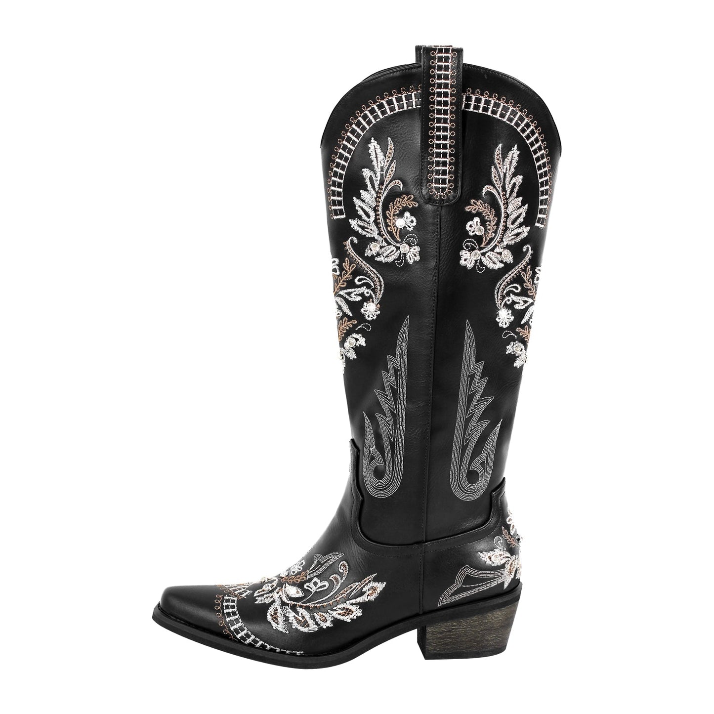 Embroidery Rhinestone Chunky Heel Knee High Boots