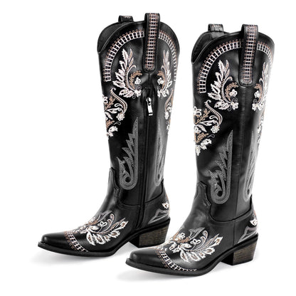 Embroidery Rhinestone Chunky Heel Knee High Boots