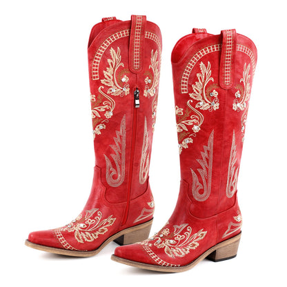 Embroidery Rhinestone Chunky Heel Knee High Boots