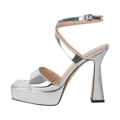 Square Toe Ankle Strap Silver Sandals